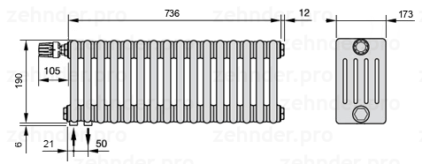 Схема (чертеж) Радиатор Zehnder Charleston 5019/16 №V001 Белый глянцевый RAL 9016